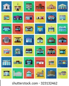 Set of the flat city buildings and shops. Vector EPS10 illustration. 