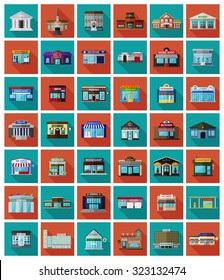 Set of the flat city buildings and shops. Vector EPS10 illustration. 