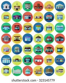 Set of the flat city buildings and shops. Vector EPS10 illustration. 