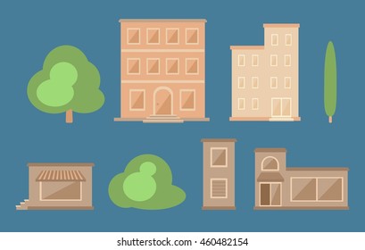 Set of flat city buildings and trees. Vector illustration.