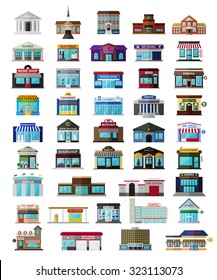 Set of the flat city buildingss and shops. Vector EPS10 illustration. 