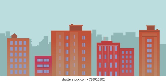 Set OF Flat City Skyscraper Buildings On Blue Background