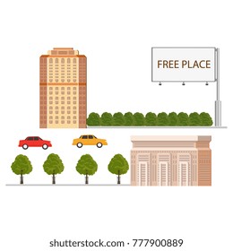 Set of flat city, urban objects - building, car, bus, bench, billboard, tree, vector illustration isolated on white background. Flat city, urban elements, buildings, transport tree street objects