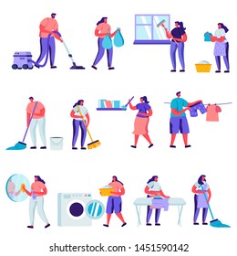 Set of Flat Cleaning and Repair Service Workers Characters. Cartoon People Service of Professional Cleaners at Work Mopping, Vacuuming Floor. Vector Illustration.