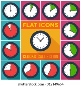 Set of flat clocks with 5 minutes interval and long shadow