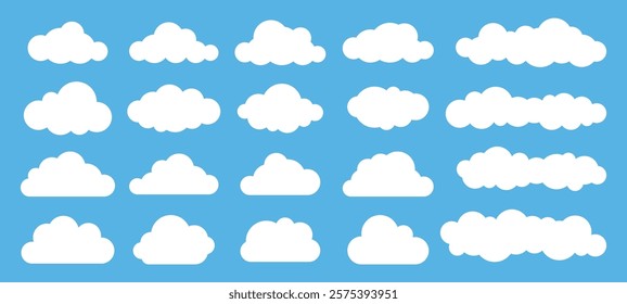 Set of flat cloud. Cartoon style. Simple cloudy shapes. White fluffy clouds in blue sky. Abstract comic weather elements. Vector illustration.