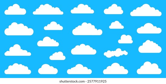 Set of flat cloud. Cartoon style. Simple cloudy shapes. White fluffy clouds in blue sky. Abstract comic weather elements. Vector illustration.