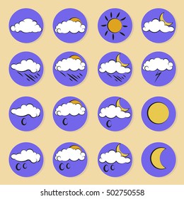 Set of flat clouds in the blue circle and white background. Icons of different weather conditions.