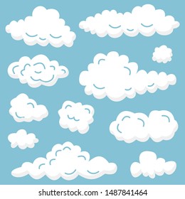 Set of flat clouds. Meteorology and atmosphere in space. Summer logo, emblem for web site design, UI, app. Editable vector icons.