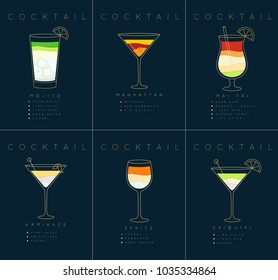 Set of flat cocktail posters mojito, manhattan, mai tai, kamikaze, spritz, daiquiri drawing on dark blue background