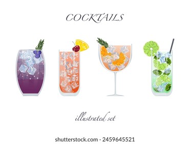 Set of flat cocktail vector illustrations Classic cocktails in different types of glasses Summer aperitif for the menu. Alcoholic drinks. White background is easy to edit.