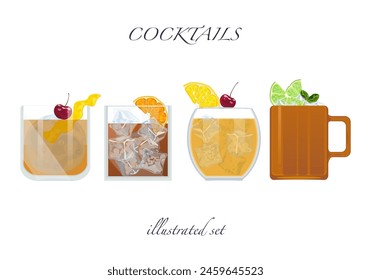 Set of flat cocktail vector illustrations Classic cocktails in different types of glasses Summer aperitif for the menu. Alcoholic drinks. White background is easy to edit.