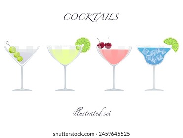 Set of flat cocktail vector illustrations Classic cocktails in different types of glasses Summer aperitif for the menu. Alcoholic drinks. White background is easy to edit.