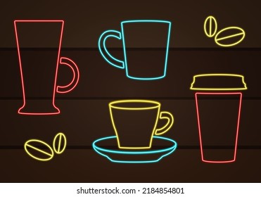 Set of flat coffee icons in neon style.