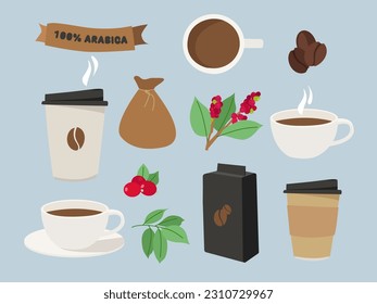 Set of flat coffee images, icons, stickers. Coffee cups, packaging, coffee beans. For coffee shop, restaurant, fast food design concepts.
