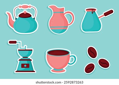 Set of flat coffee stickers in cartoon style on blue background. Collection of coffee icons. Kettle, cup, coffee grinder, jug, coffee beans,cezve. Stikers with watercolor effect. Vector illustration. 