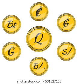 Set of Flat Coins with Symbols of 9 South American Currencies. Flat Icons of Coins with Hotspots. Vector EPS 10