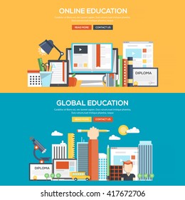 Set of Flat Color Banners Design Concepts for Online and Global Education.Vector