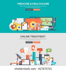 Conjunto de banderas de color plano Conceptos de diseño para medicina y atención médica y tratamiento en línea.Vector