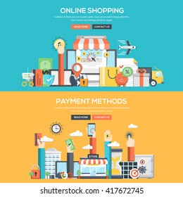 Set of Flat Color Banners Design Concepts for Online Shopping and Payment Methods.Vector