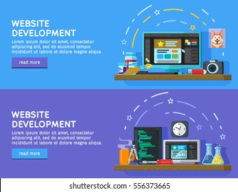 Set of flat color banners design concepts for web studio.  Programming and coding. Website development, Web design. Modern flat design for Web Banner, Website Element. Vector illustration
