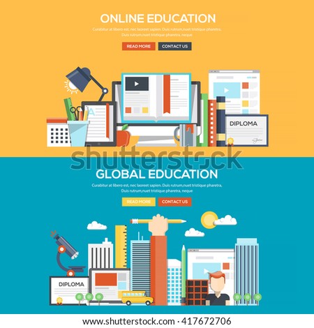 Set of Flat Color Banners Design Concepts for Online and Global Education.Vector