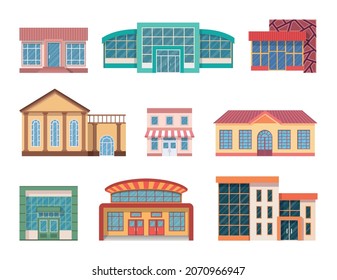 Un conjunto de edificios de color plano para la imagen de una cafetería, restaurante, mercado, centro comercial y otras construcciones públicas y municipales