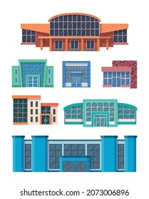 A set of flat color buildings for the image of a cafe, restaurant, market, shopping mall and other public and municipal constructions