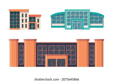 A set of flat color buildings for the image of supermarket, shopping mall and other public and municipal constructions