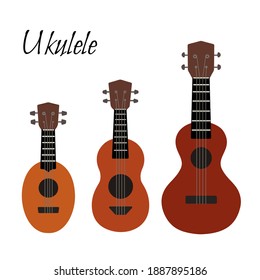 Set of flat color cartoon ukulele. Hawaiian music. Musical string instrument. Vector element for postcards, banners, sticker and your creativity