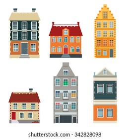 
A set of flat color cartoon various buildings of the old Europe. Colored vector illustration