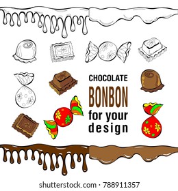 Set of flat color chocolate candy bonbon and liquid drops on white background for your design. Same thing in a black outline on a white background.