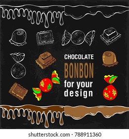 Set of flat color chocolate candy bonbon and liquid drops on black board for your design. Same thing in a white outline on a black background.