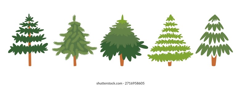 Set of flat color Christmas trees isolated on white. Hand-drawn evergreen elements for festive holiday greeting cards, winter seasonal decor, or nature-themed graphic design