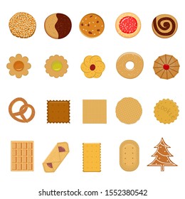 Set of flat color cookie images. 20 vector isolated pictures of cookies on a white background.