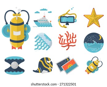 Set of flat color design vector icons for sea vacations on white background. Scuba diving and snorkeling objects and underwater life.