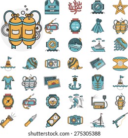 Set of flat color design vector icons for active sea leisure elements and diving objects on white background.