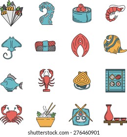 Set of flat color design vector icons for seafood menu on white background. 