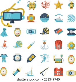 Set of flat color design vector icons with elements for active sea leisure, diving and underwater objects on white background.