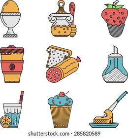 Set of flat color design vector icons for elements of breakfast or lunch menu on white background. 
