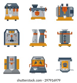 Set of flat color design vector icons for cafe and restaurant equipment. Electrical coffee machines with automatic system for preparing fragrant and tasty coffee beverages