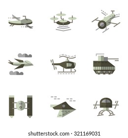Set of flat color design vector icons for military unmanned drones and robots. Surveillance, areas control, aerial spy. Elements of web design for business and website