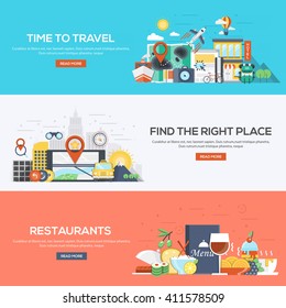 Set Of Flat Color Design Web Banners For Time To Travel, Find The Right Place And Restaurants.Vector