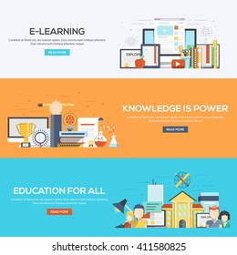 Set of flat color design web banners for E-Learning, Knowledge is Power and Education for all.Vector