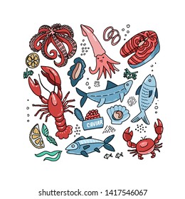 Set of flat color doodle hand drawn rough simple seafood sketches. Vector illustration on white background. Fish slices, lobster, crab, squid for web design, textile prints, covers, posters, menu.