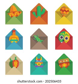set of flat color envelopes with mexican decorations isolated on white