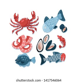 Set of flat color hand drawn rough simple seafood sketches. Vector illustration isolated on white background. Seafood fish slices elements for kig menu, web design, textile prints, covers, posters.