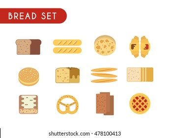 Set of flat color icons. Bread: toast, baguette, pie, pita bread, croissant, pastry, pretzel, ciabatta.