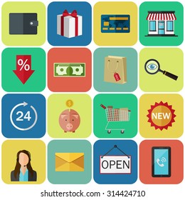 Set of flat color icons. Concept for online store. Vector EPS10 illustration. 