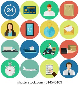 Set of flat color icons. Concept for delivery service.  Vector EPS10 illustration. 